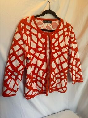 Kasper Orange and White Geometric Open-Front Cardigan